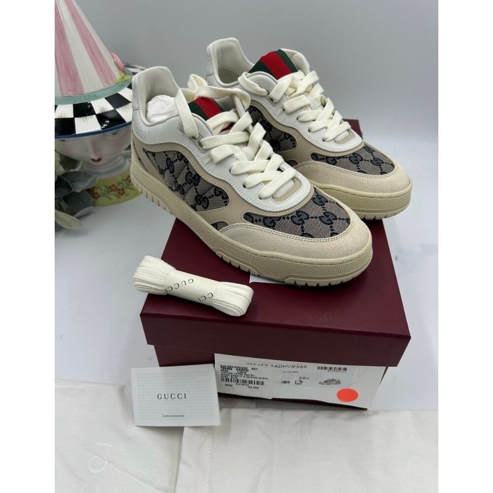 Women's Gucci Cream and Beige GG Canvas Low-Top Sneakers with Red-Green Web 39.5